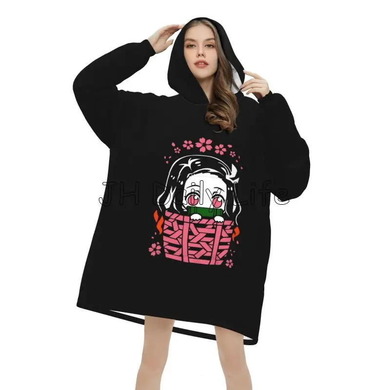 Cute Anime Nezuko Wearable Blanket Hoodie Oversized Sweatshirts Warm Cozy Fleece Sherpa Blanket with Pockets for Women Girls