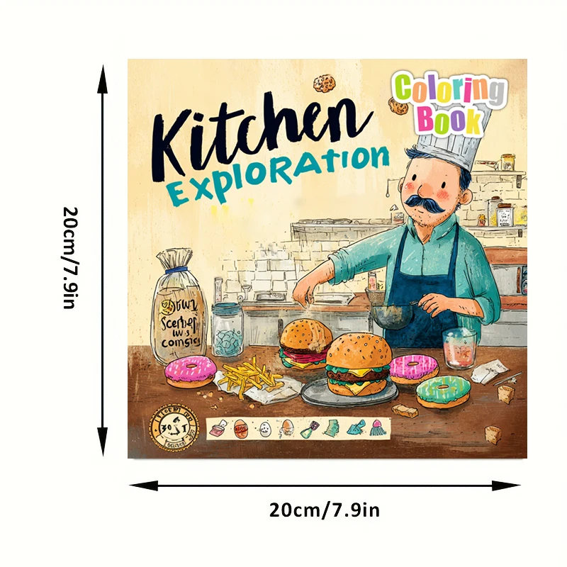 Libro para colorear de estilo de exploración de cocina de 28 páginas, libro para colorear para reducción de estrés de adultos |   Libro para colorear para aliviar el estrés