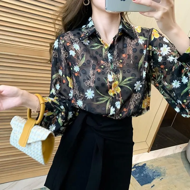 Perspective Floral Thin Loose Shirt Tops Summer New Polo Neck Long Sleeve Print Elegant Blouse Fashion Temperament Women Clothes