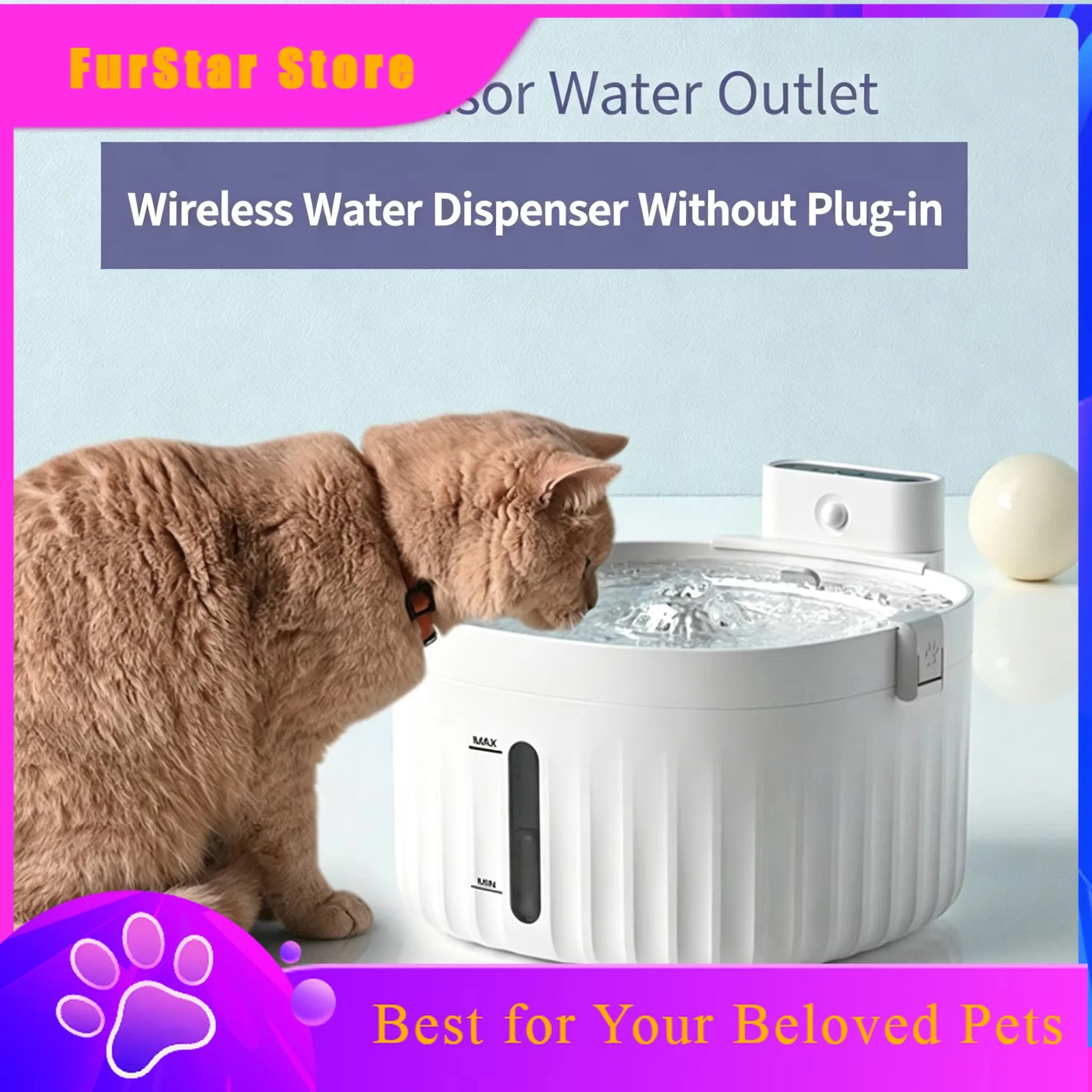 FurStar2L Battery Operated Cat Water Fountain Wireless Motion Sensor Cat Accessories Automatic Water Dispenser Filter