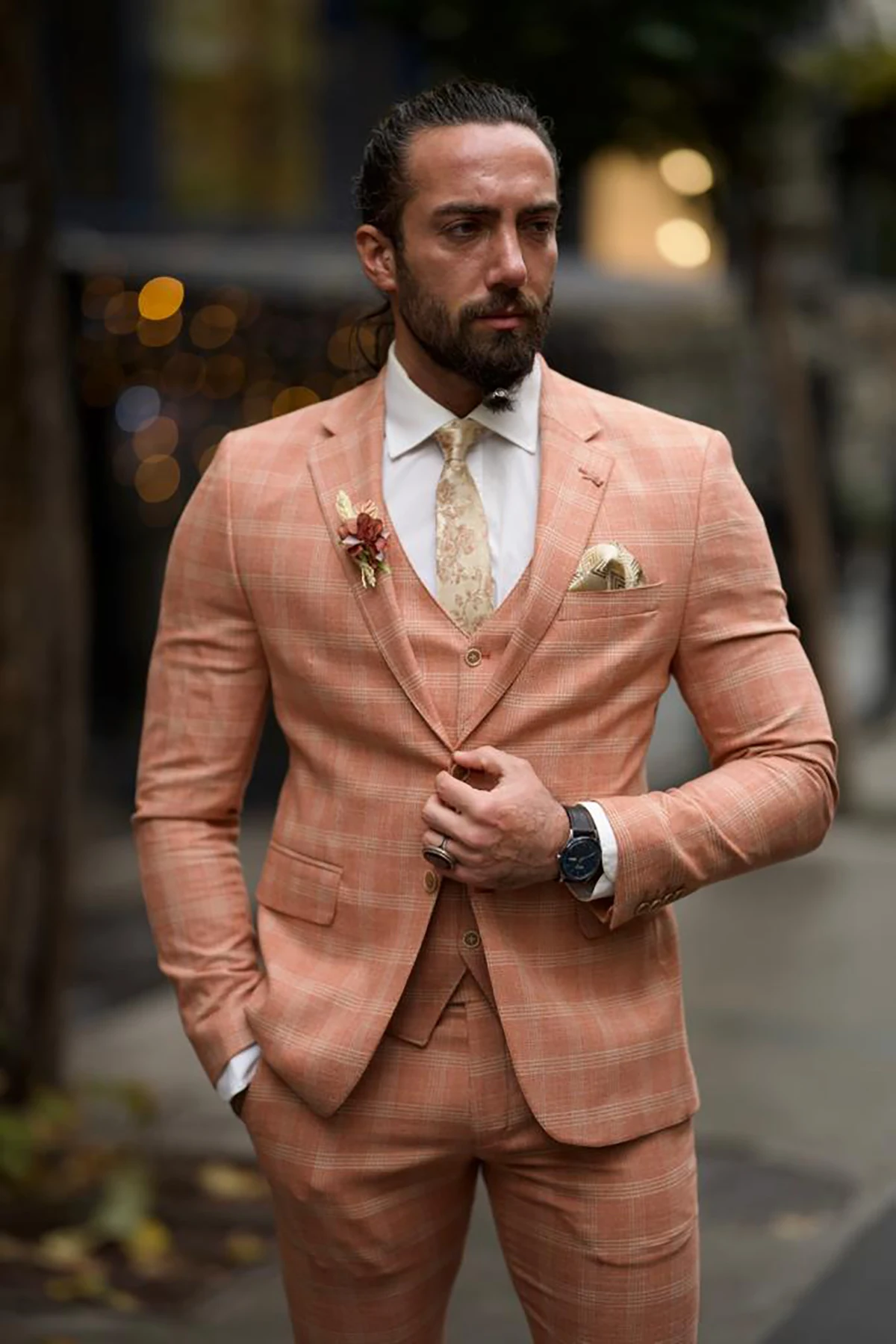 Smoking formal masculino de 3 peças, lapela entalhada xadrez, blazer de peito único, colete e calça, adaptado para o noivo, moda bonito, personalizado