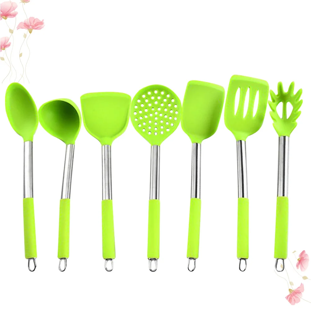 

7Pcs Premium Non-Stick Silicone Kitchen Utensils Set with Metal Handle for Professional and Personal Use Light Green