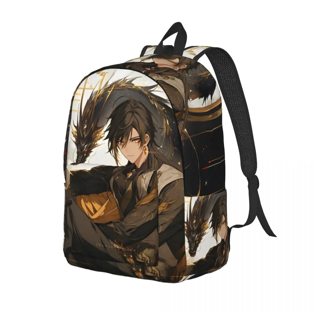 حقيبة ظهر Genshin Impact Zhongli الكلاسيكية مع جيب مدرسة الأعمال أنيمي لعبة الكرتون Daypack الرجال النساء حقائب الكمبيوتر المحمول من القماش