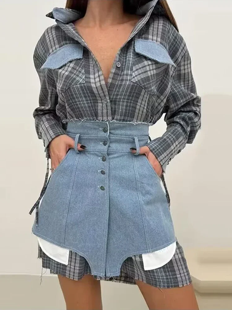 

Лоскутная рубашка с лацканами, юбка, костюмы, женские элегантные однобортные блузки с длинными рукавами, короткие юбки с высокой талией, женская одежда в консервативном стиле