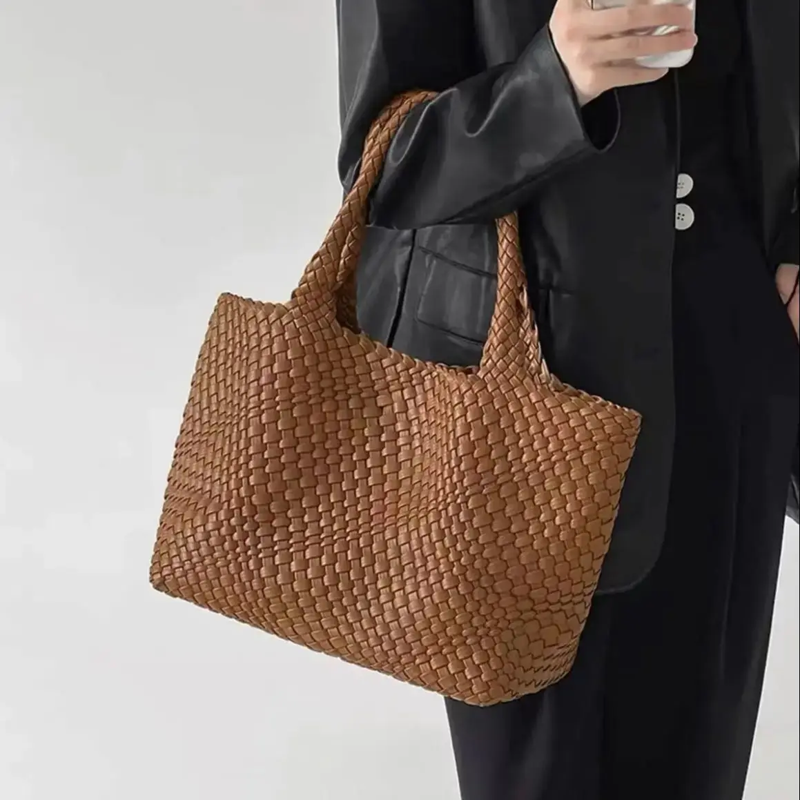 Ultra Soft Large Woven Shopper Tote Bag Spacious Vegan Leather Woven Handbag Purse Retro Handmade Travel Shoulder Bag Set