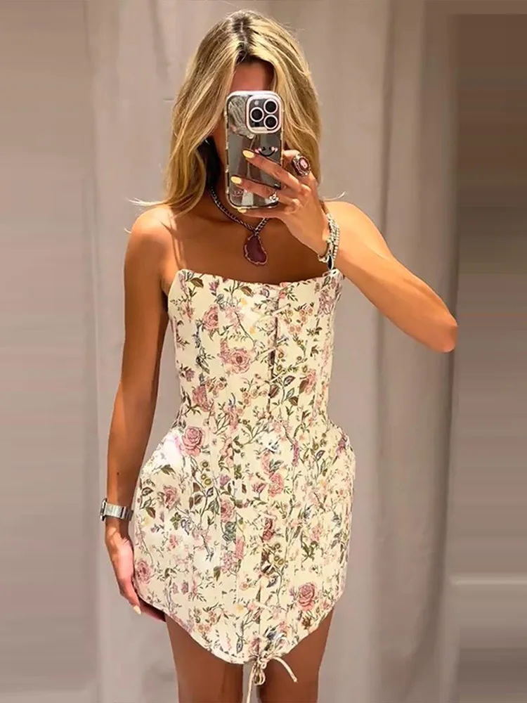 Bedrucktes Bustier mit Reißverschluss, Damenkleid, sexy, kurz, mit Schnürung, ärmellos, rückenfrei, modisch, elegant, Damenkleider, Sommer 2026