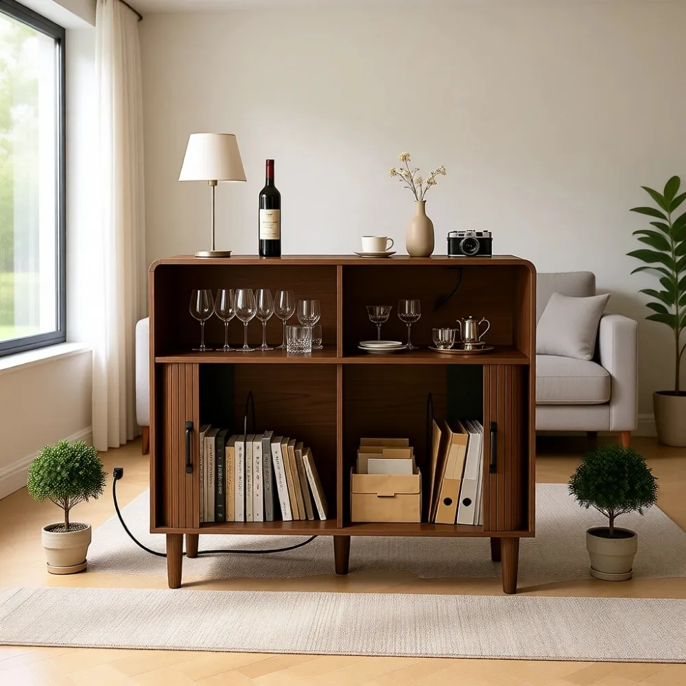 Style Sideboard Cabinet with Coffee Bar Console, Spacious Tabletop, Sliding Door, Adjustable Legs for Kitchen & Entryway