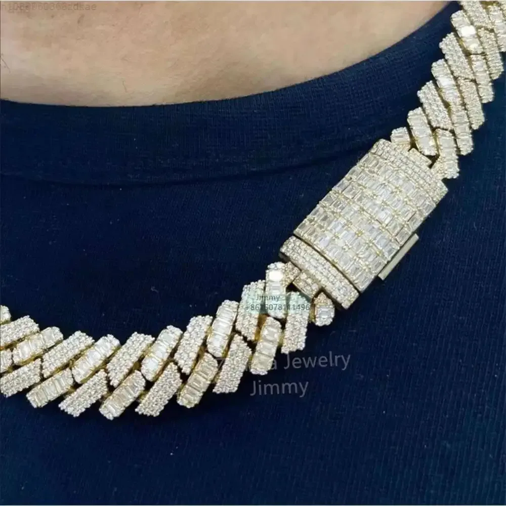 

Новый дизайн, цвет белого золота, 15 мм, Iced Out, багетный замок, Vvs1, багет, муассанит, кубинская цепочка для мужчин
