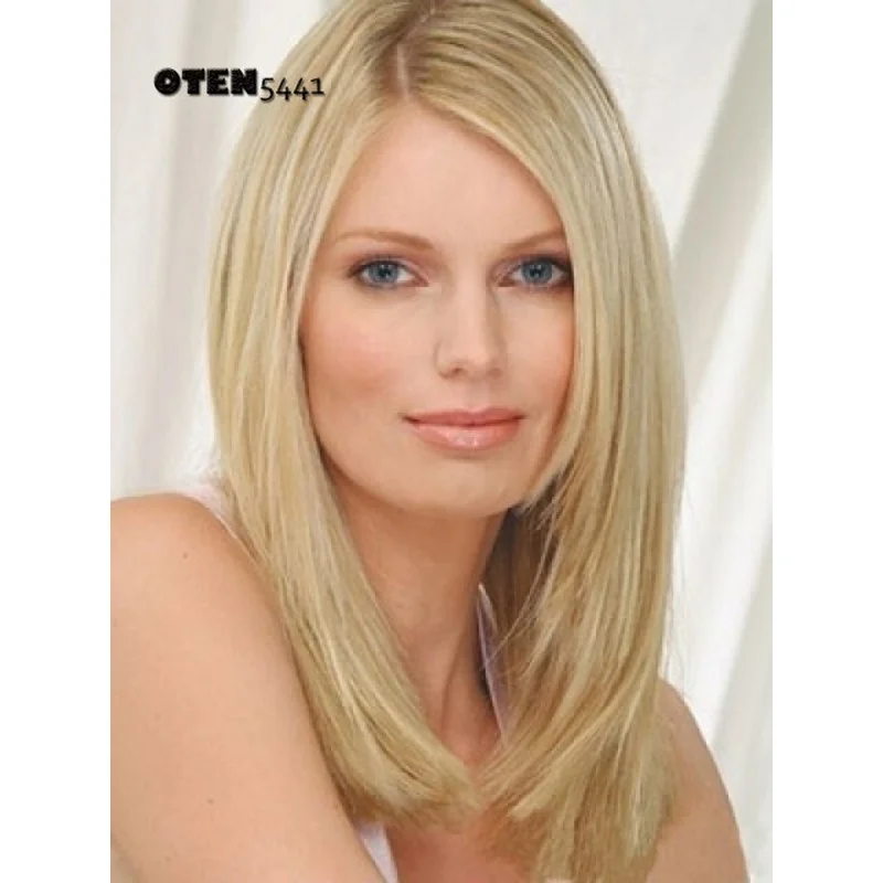 Medium Length Blonde Mix Lace Front  Hair Blend Heat Ok Straight Wigs Women