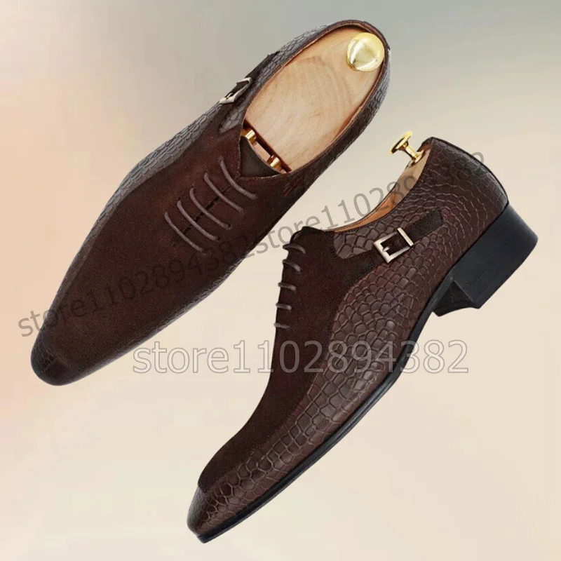 Brown Black Alligator Print Patchwork Buckle Decor Men Shoes Fashion Slip On Male Shoes Luxurious Handmade Party Men Dress Shoes