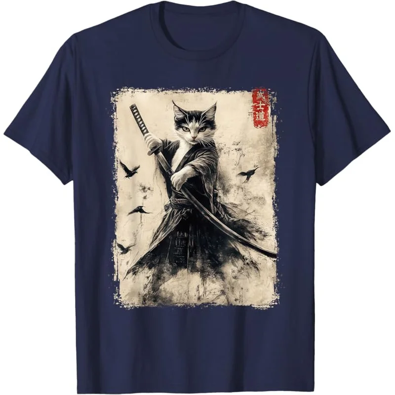 Samurai Cat Graphic Tee Warrior Vintage Japanese Art Anime T-Shirt