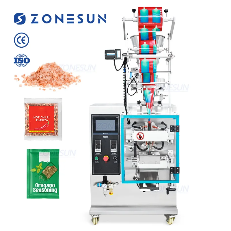 เครื่องบรรจุภัณฑ์แบบซองอัตโนมัติ ZONESU ZS-FS240KQ สำหรับบรรจุน้ำตาล เครื่องเทศ พริกไทย แบบเม็ด พร้อมระบบชั่งน้ำหนักและปิดผนึก