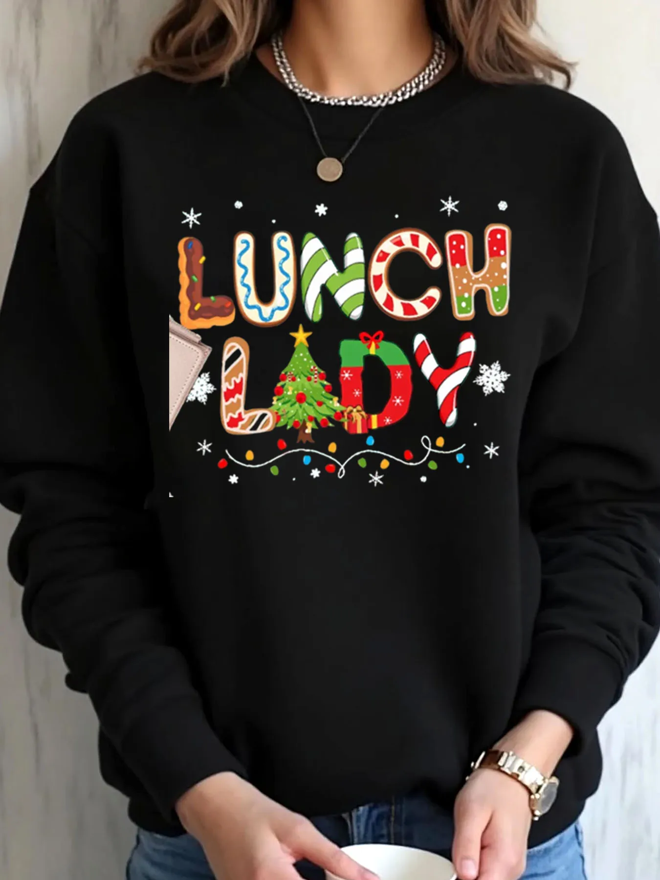 Women Oversized Sweatshirt Christmas Lunch Lady Print Outdoor Wear