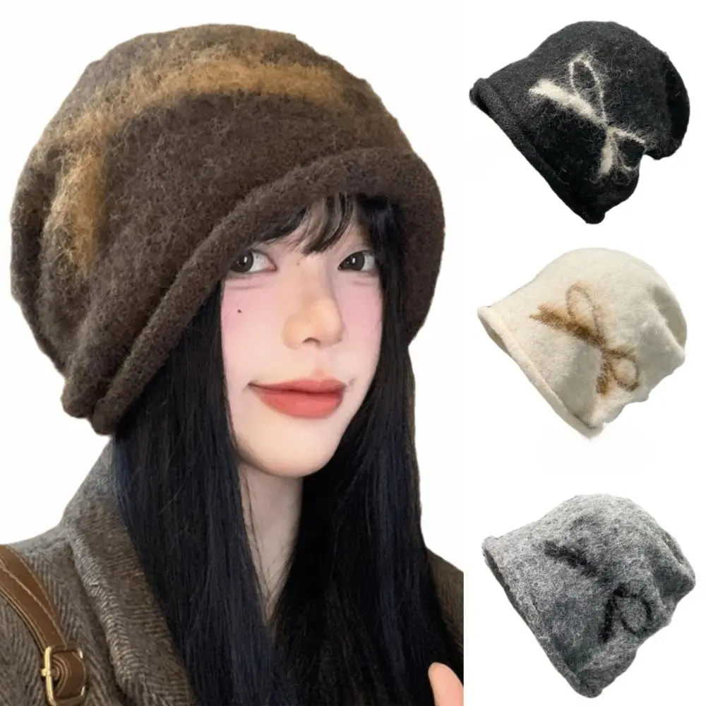 

Вязаная шапка большого размера с ворсом, вязаная шапка для похудения, шерстяная тонкая стильная шапка, ветрозащитный дизайн, теплая шерстяная шапка с узлом-бабочкой