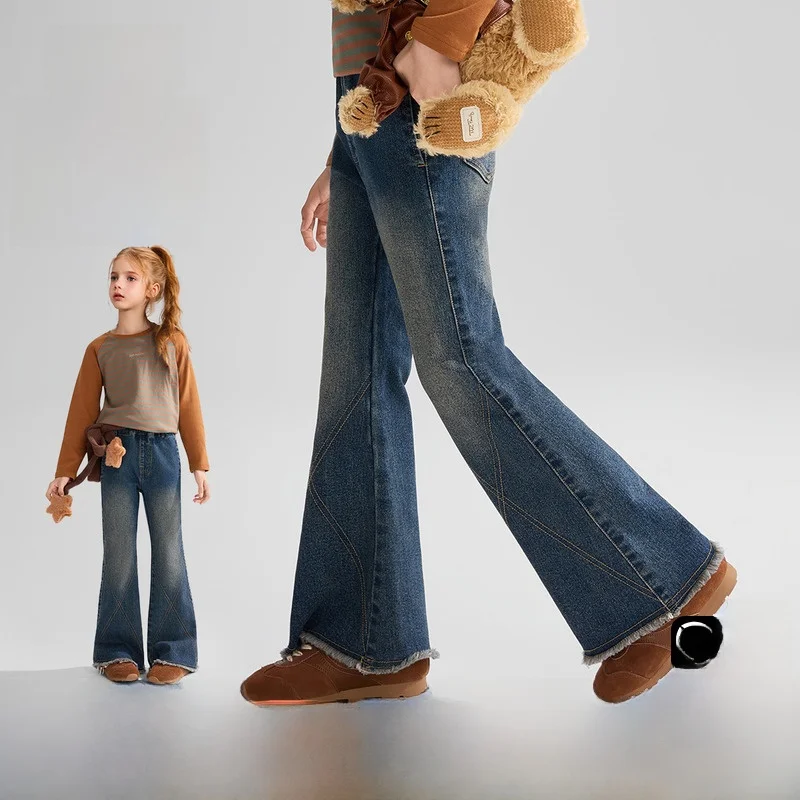 ask-junior-girls'-jeans-flared-casual-cotton-blend-long-pants-elastic-waist-for-active-kids-ages-3-4-fall-season-new-arrival