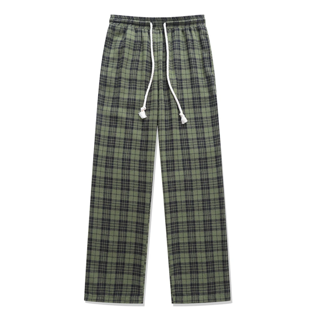 

Green Plaid Straight Pants Men Women Elastic Waist Casual Men's Pants Trousers