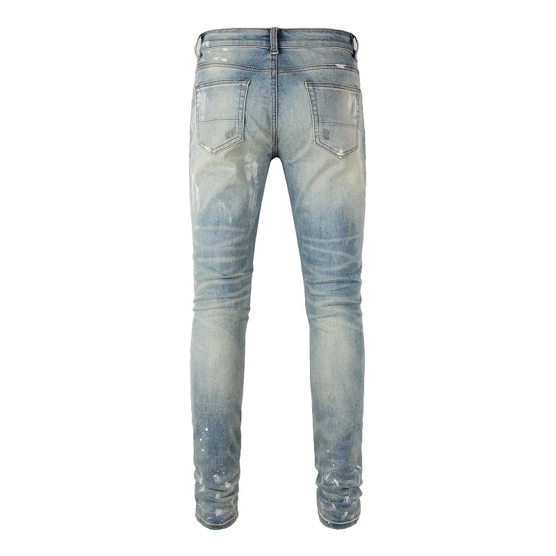 Men Holes Ripped Stretch Denim Jeans Streetwear Distressed Painted Skinny Tapered Pants Vintage Trousers