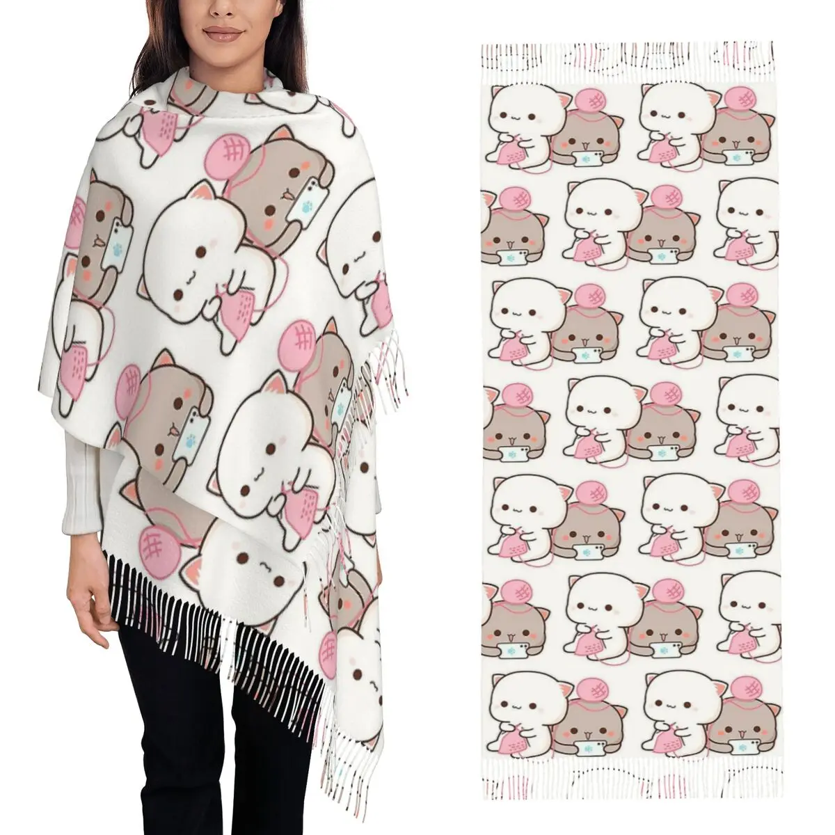 

Мультяшная пара Персик и Гома Моти Кот Шарф Шарфы с кисточками для женщин Мягкие теплые шали и накидки Длинная осенне-зимняя шаль