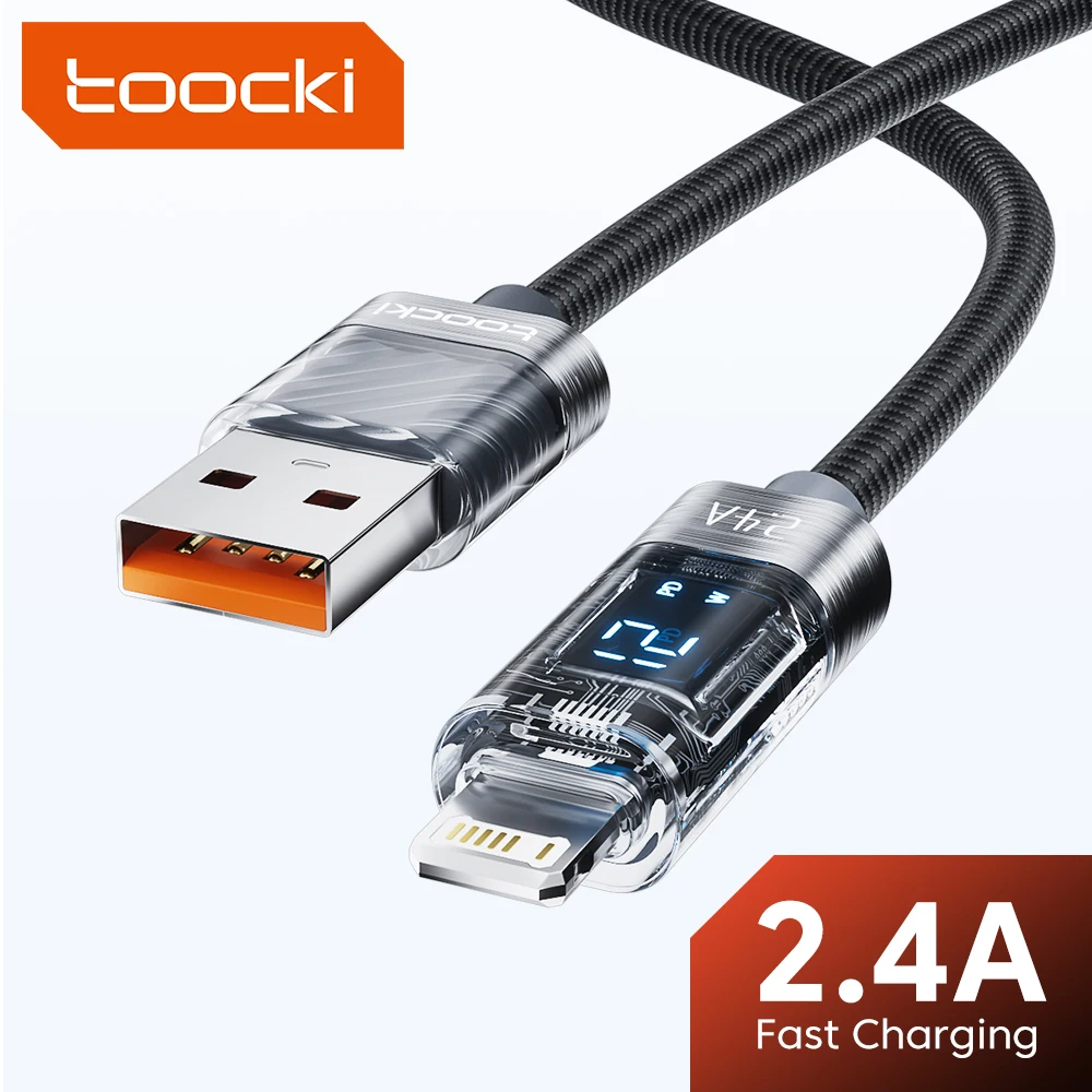 Toocki 2.4A Fast Charging USB Cable For iPhone 14 13 12 11 Pro Max X XR 8 Plus Transparent Display USB To IOS Cord For iP Charge