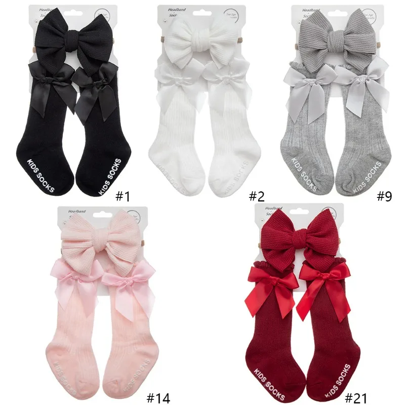 

2Pcs Baby's Birthday Sock Set Infant Noble Bow Design Headband Cotton Anti Slip Knee High Socks Babies Photography Accessories
