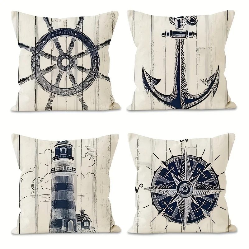 Nautical Pillowcase Set 4pcs Vintage Coastal Decor Print Cushions Cover Sailor Ocean Theme Wheel Anchor Lighthouse Compass Desig