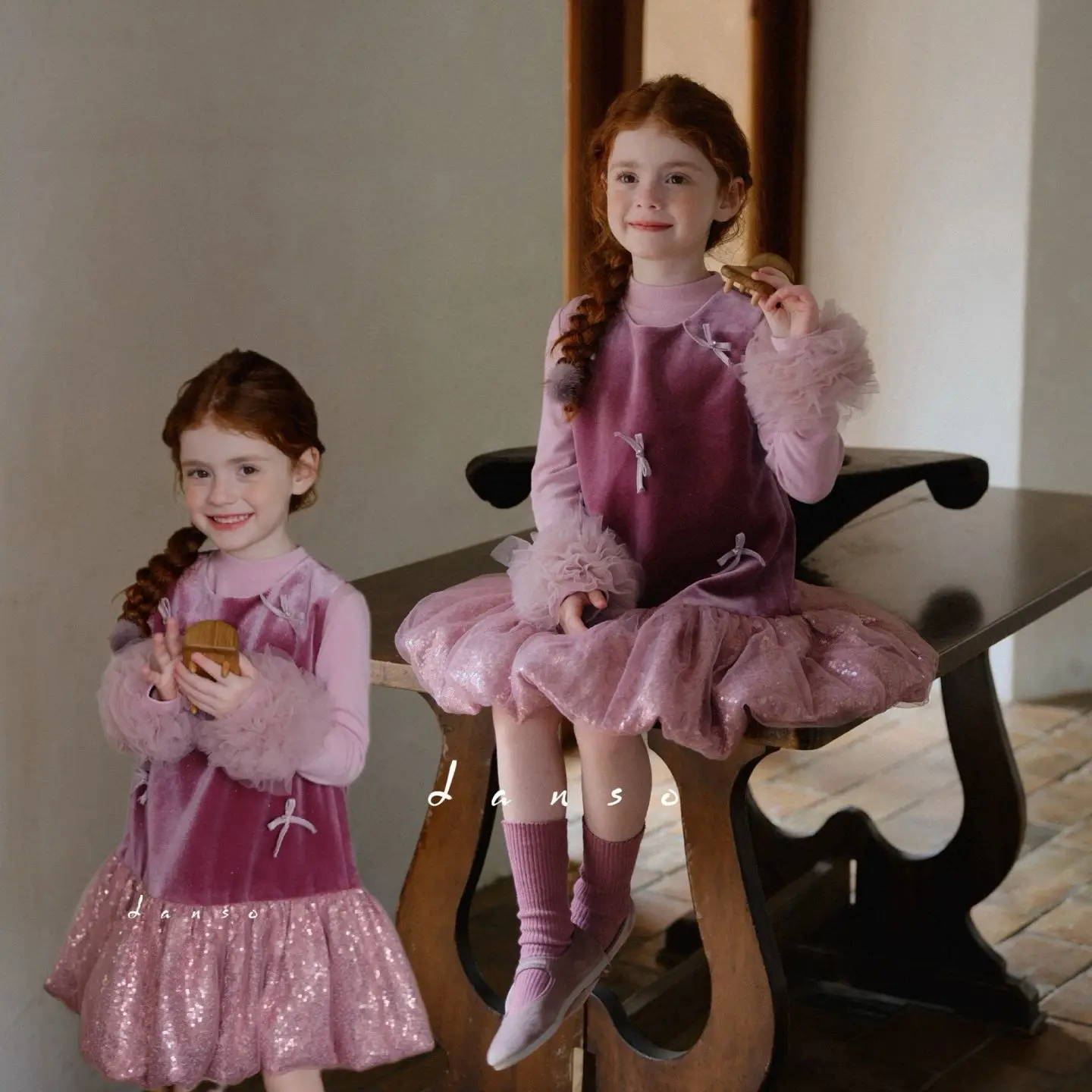 

Fashion Girls Princess Retro Shiny Bow Purple Dress Set Spring Autumn Winter Sundress +Lace Shirt 2Pcs Suits Kids Party Clothes