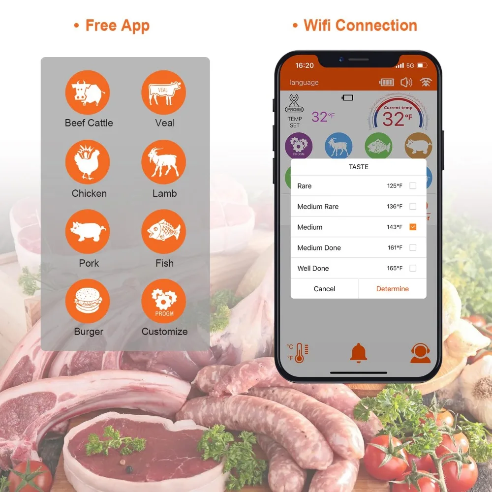 Беспроводной термометр для мяса-цифровой термометр для приготовления пищи с беспроводным зондом-пульт дистанционного управления футов пищевой термометр