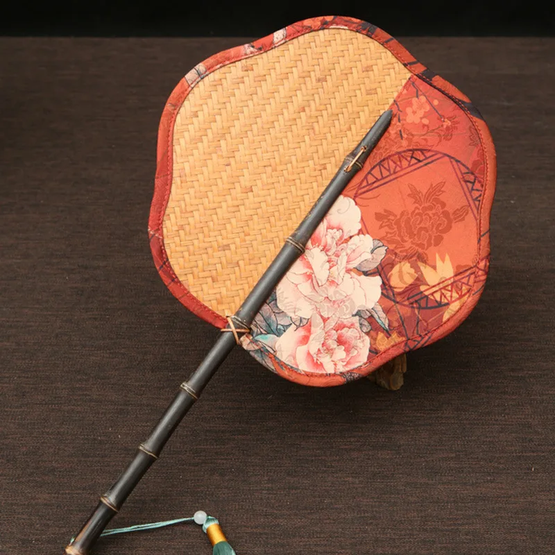 Handmade retro bamboo woven fringed satin printed purple bamboo handle begonia fan creative ruyi folding fan