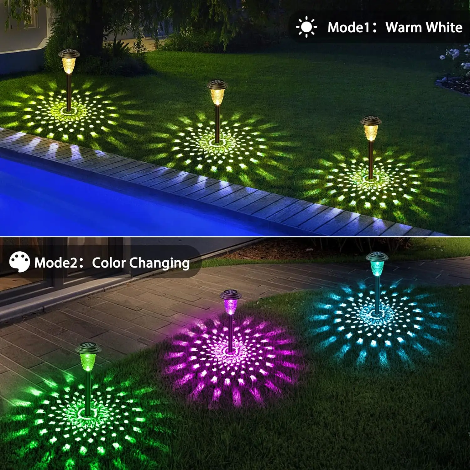 2/8/10Pack Solar Pathway Lights, RGB/Warm White Color Changing, Outdoor Garden/Backyard/Lawn/ LED Decor