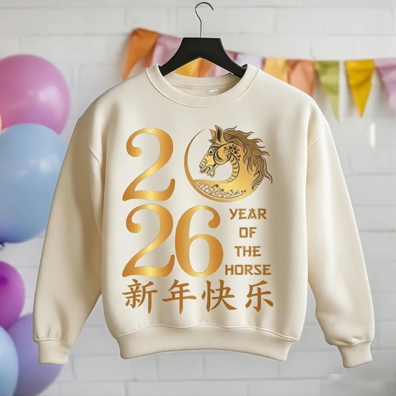 سنة الحصان السنة الصينية الجديدة التصميم القمري سعيد الخريف والشتاء مطابقة هوديس طويلة الأكمام الدفء البلوز