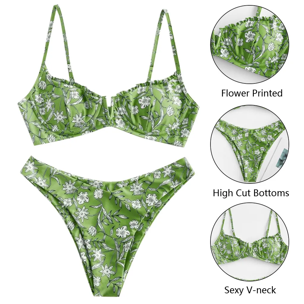 Women\'s Sexy V Support Floral Printing Bikini Swimsuit 2024 Sexy Female Push Up Swimwear Brazilian Micro Bikini Two Pieces Suits