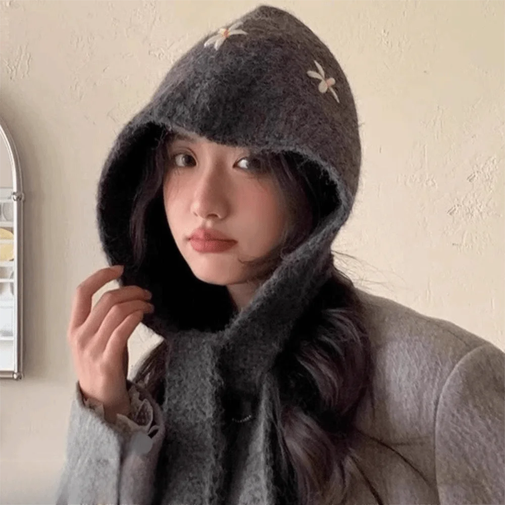 أزياء حلوة محبوك قبعة بالاكلافا الصوفية الدفء طوق الرقبة بيني قبعة البوليستر المطرزة الزهور البلوز قبعة الشتاء