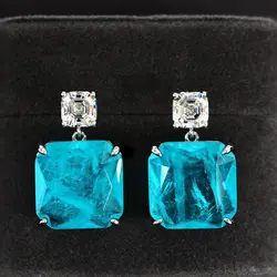 New Sparkling Paraiba Tourmaline Gemstone Drop Earrings 100% Sterling Silver High Carbon Diamond Fine Jewelry for Women
