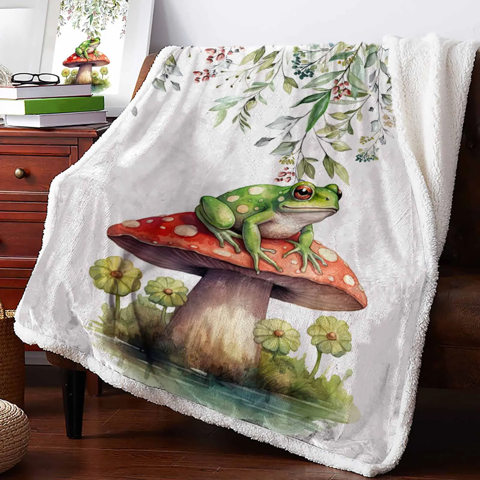 Frog Mushroom Flower Watercolor Cashmere Blanket Winter Warm Soft Throw Blankets for Beds Sofa Wool Blanket Bedspread