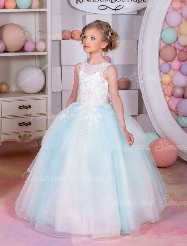 カスタマイズされた結婚式の誕生日白青チュールフラワーガールドレスフローリーパターン用ノースリーブパーティー初聖体ドレス用