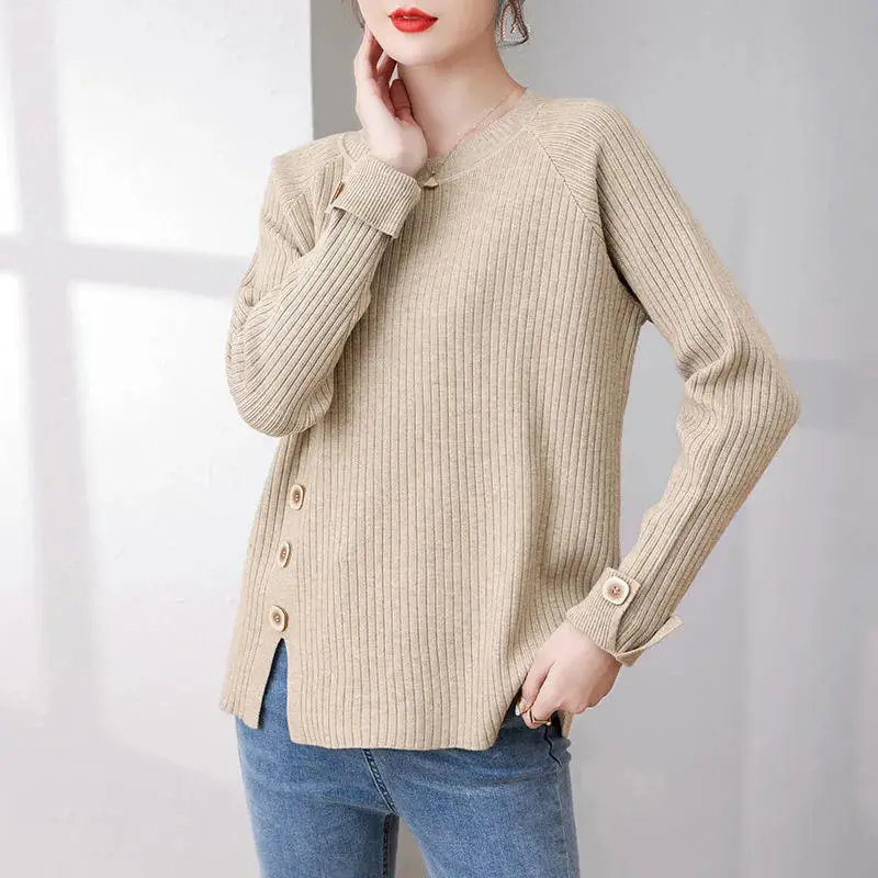 Korean Autumn/Winter Sweaters Women\'s O-Neck Solid Button Split Simplicity Versatile Loose Long Sleeve Pullovers Knitted Tops