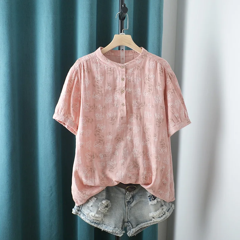 

Cotton Printed Women Shirts Vintage Summer 2024 O-Neck Short-Sleeved Casual All Match Female Pulls Outwear Tops