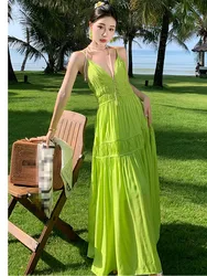 SMTHMA Luxury Goddess Sexy V-Neck Spaghetti Strap Summer Dress For Women Solid Vacation Big Swing Pleated Long Dress