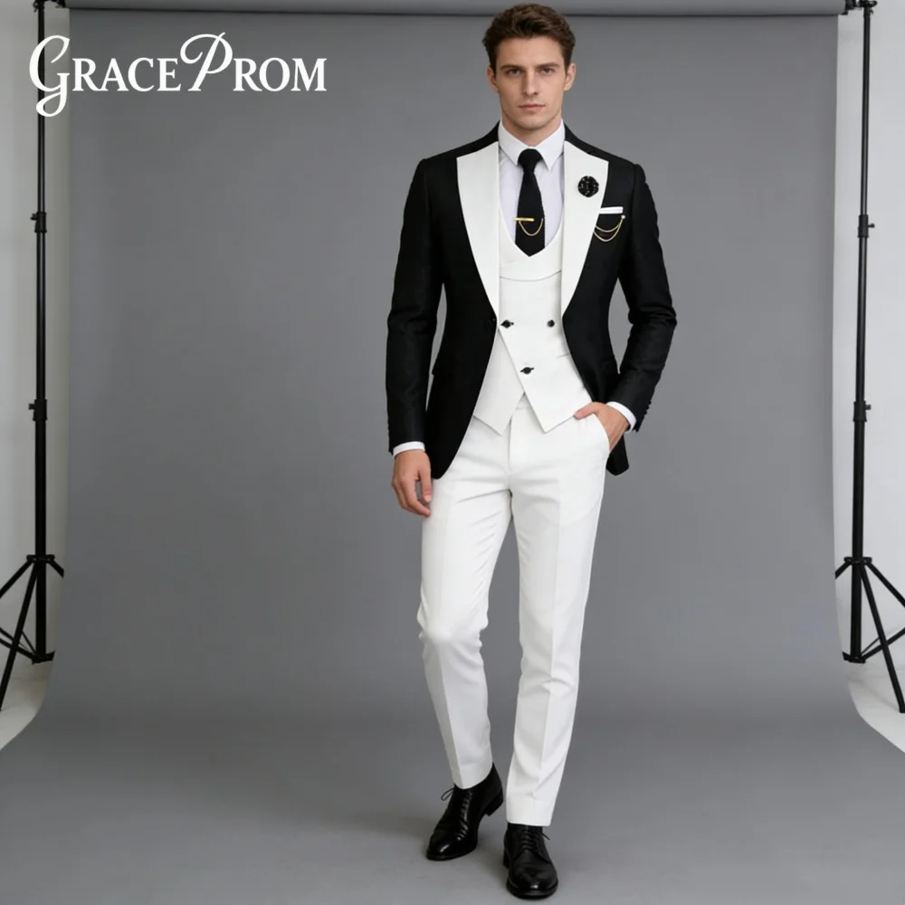 

Formal Black White Peak Lapel For Men Wedding Formal Single Breasted Suit Groom Suit Set Includes Jacket Vest Pants Customized
