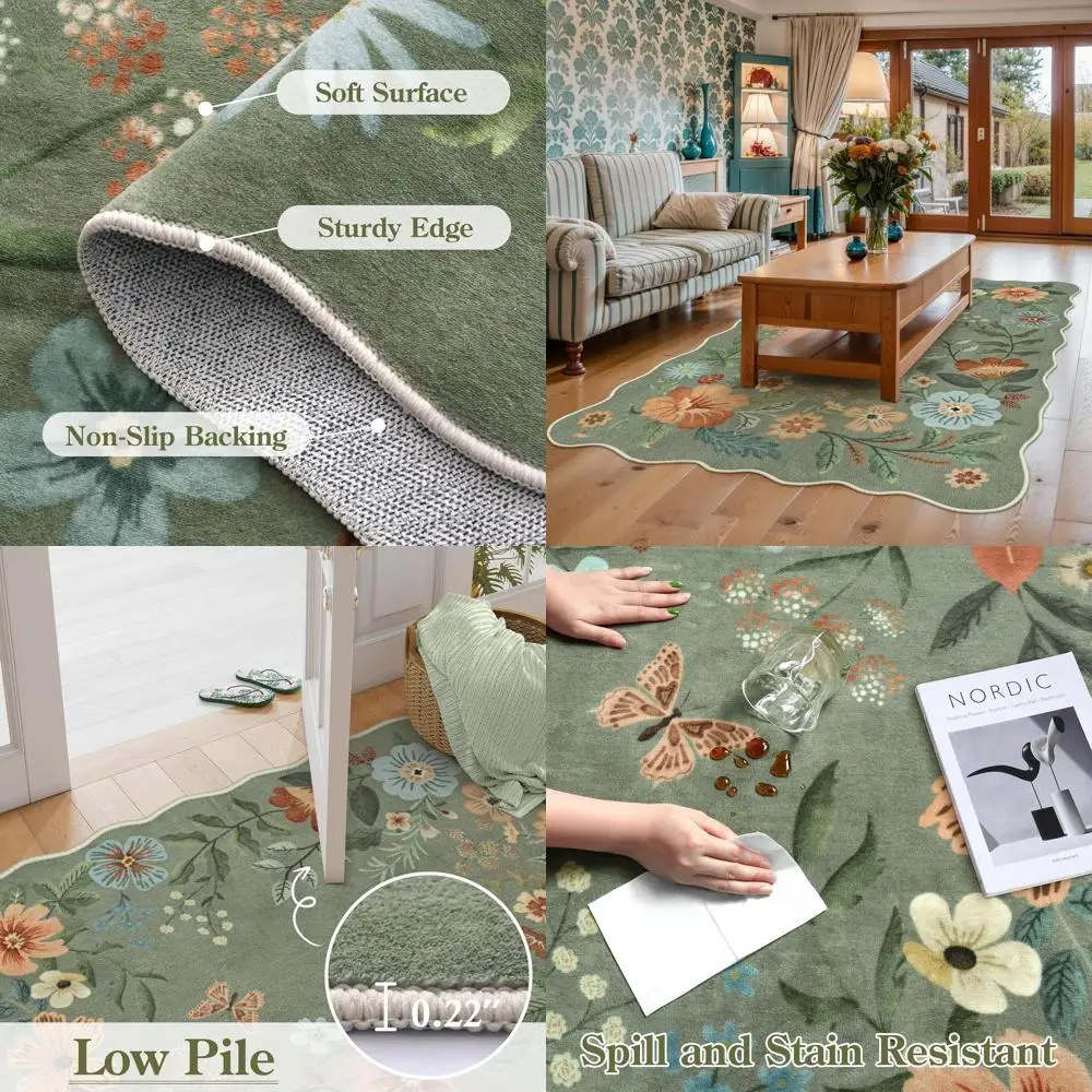 

Green 5x7 Boho Style Thin Soft Rug for Living Room, Non-Slip, Washable & Stain Resistant Carpet for Bedroom, Dining Room, Office
