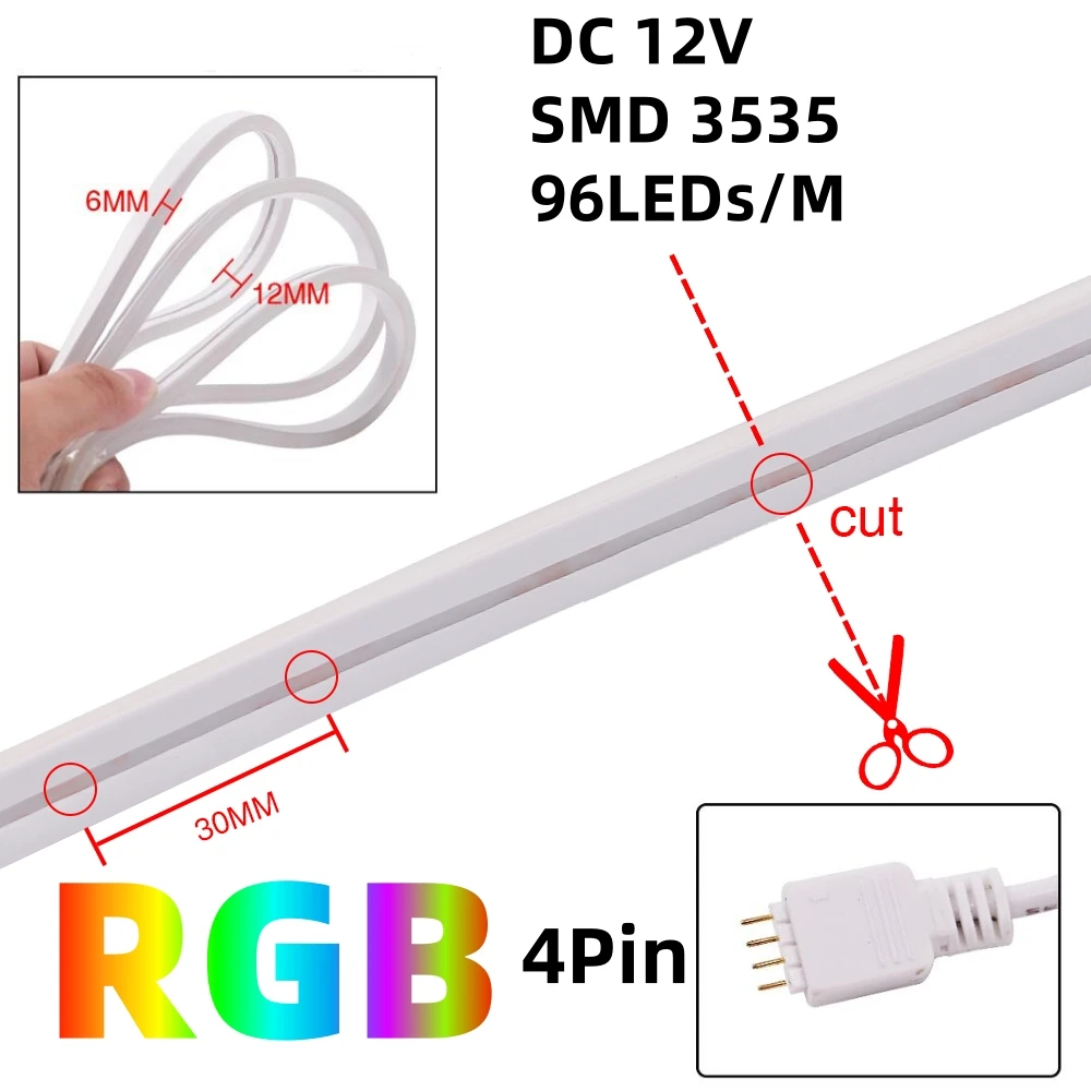 Tira de luces LED de neón RGB, 12V, 24V, 108LEDs/M, cinta de lámpara de silicona Flexible impermeable, cinta de 4 pines, 6x12MM, SMD3535,