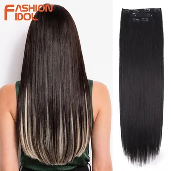 Moda ídolo 8 clipes em extensões de cabelo longo e reto penteado loiro 60cm cabelo sintético natural uso diário peruca para mulher