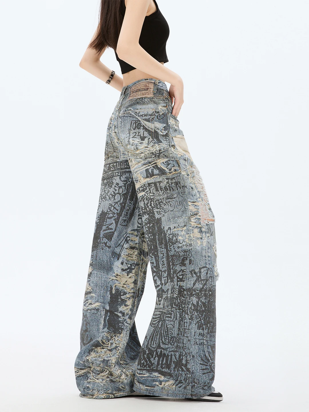 Jeans a gamba larga a vita alta Jeans estivi da donna con vestibilità ampia e slim in denim dritto High Street Sle Casual con motivo a buco strappato