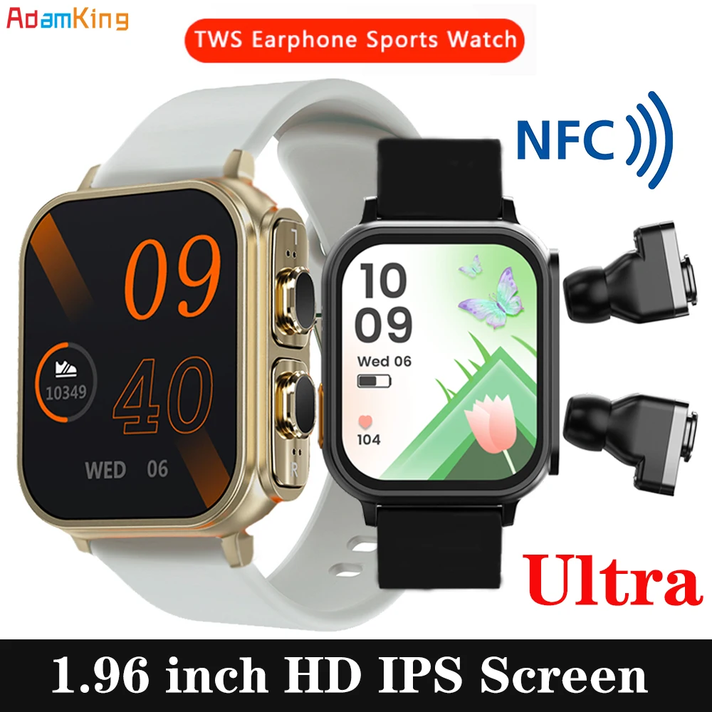 

2023 New 2 In 1 Wireless Blue Tooth ENC Noise Cancelling TWS Earphones Smart Watch 1.96" Sports Heart Rate NFC Ultra Smartwatch