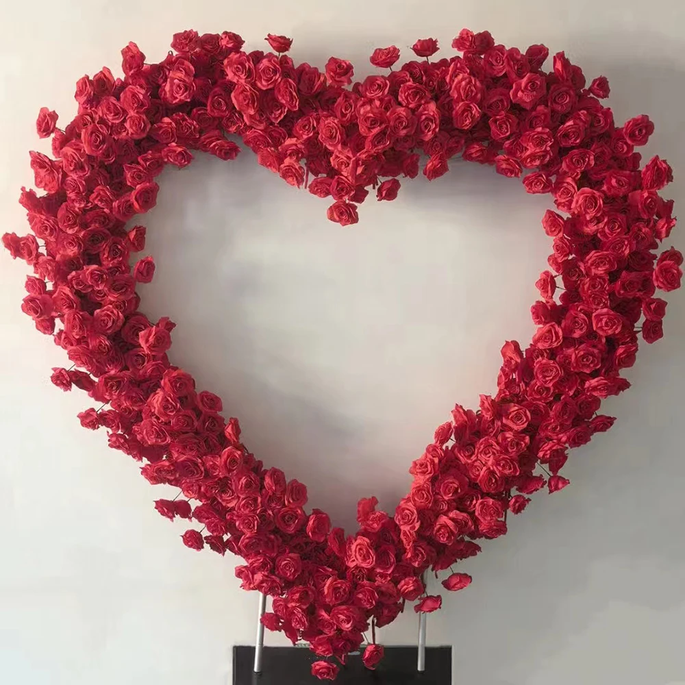 Artificial flowers row red roses arch Heart shaped roll up flower wall backdrop wedding arrangement