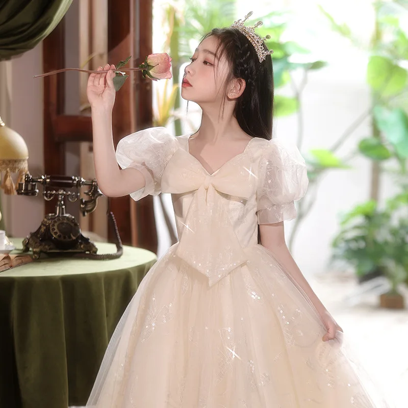 French children's dress piano small host performance dress girl birthday pompadour gauze 2024 new summer princess dress