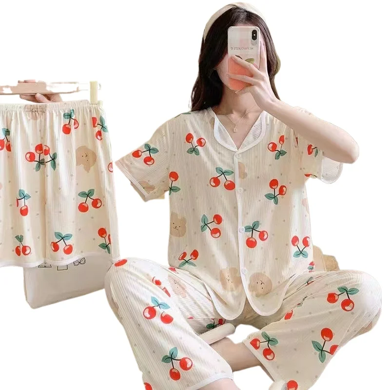 

3Pcs/Set Women Pajamas Set Ladies Cartoon Bear Cherry Lapel Cardigan Sexy Nightwear Sleepwear Short-Sleeved Trousers Pajamas