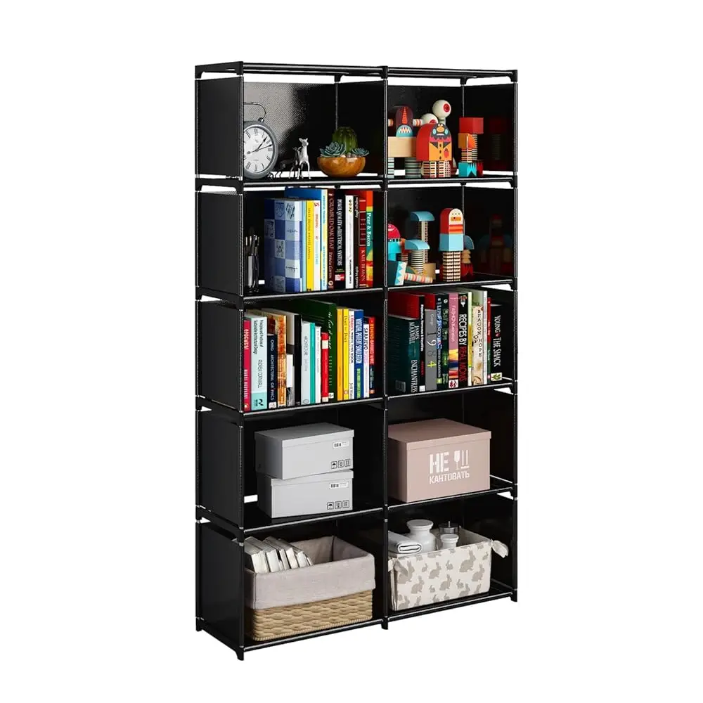 

6-Tiers Portable Bookshelf With Fabric Cloth At Back, 10 Cube Closet Storage Organizer Bookcase, Living Room,Study
