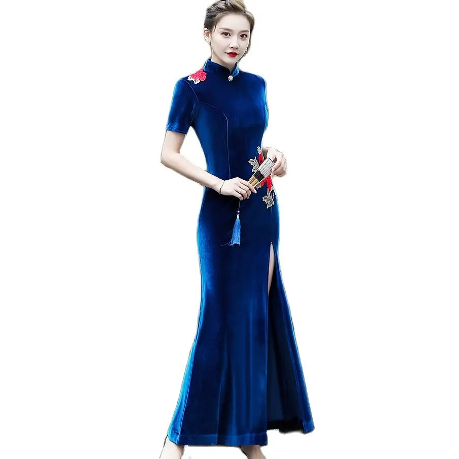 

Autumn Velvet Chesongam Traditional Chines Dresses Women Embroidery Flower Qipao Sexy Split Vestidos Performance Party Gown