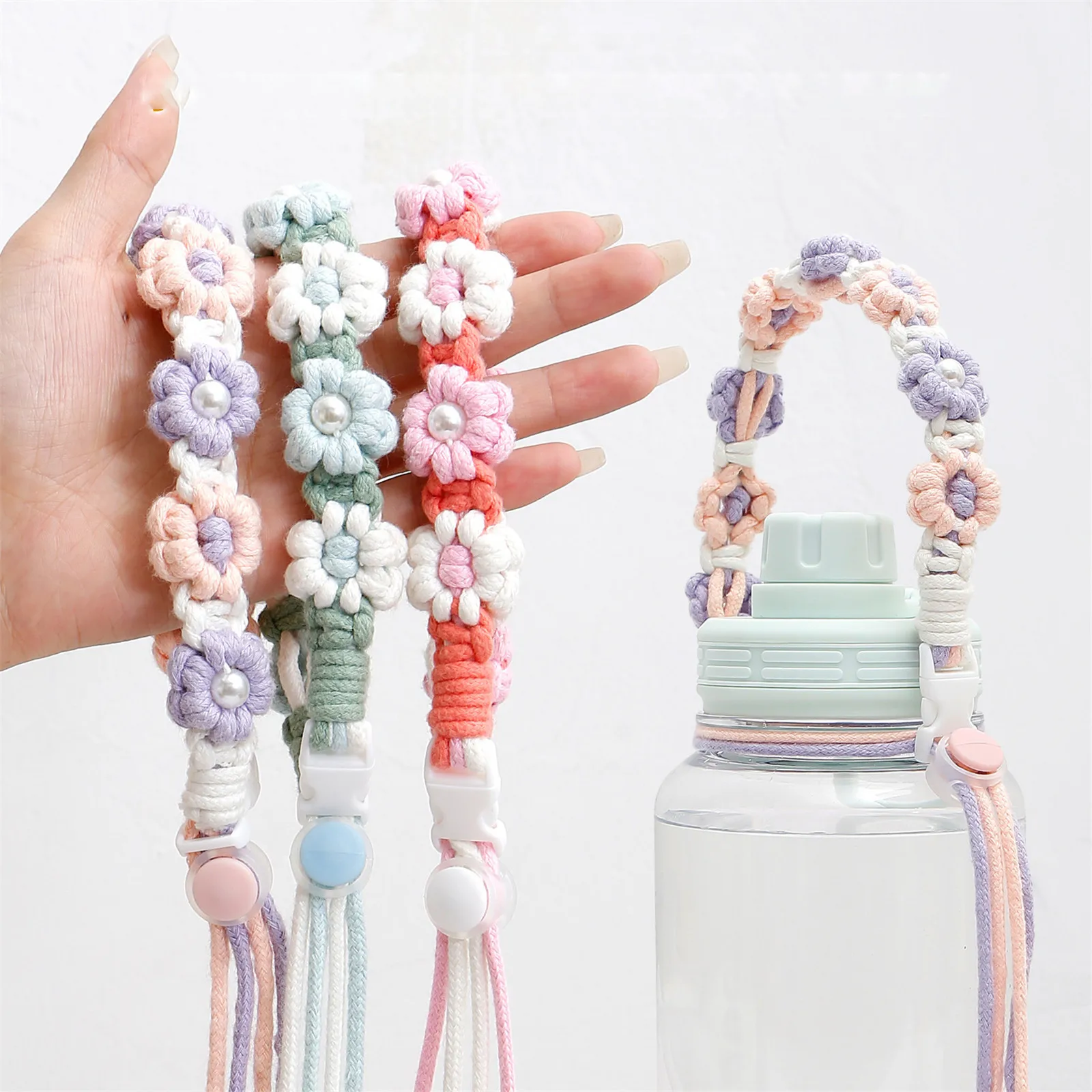 

1pcs Handmade Woven Flower Coffee Cup Hand Strap Personalized Key Chains Gifts Stylish Milk Tea Cup Carrying Straps Customizable